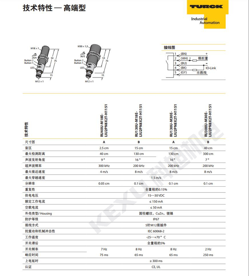 图尔克超声波传感器RU300U-M30E-LIU2PN8X2T-H1151原装正品 产品参数3
