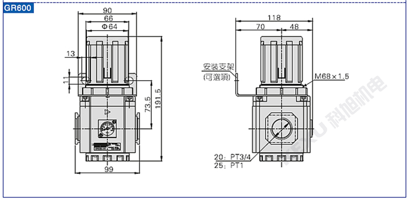 亚德客调压阀GR300-10 气压调节阀 进气减压阀 气源处理 原装正品 产品尺寸